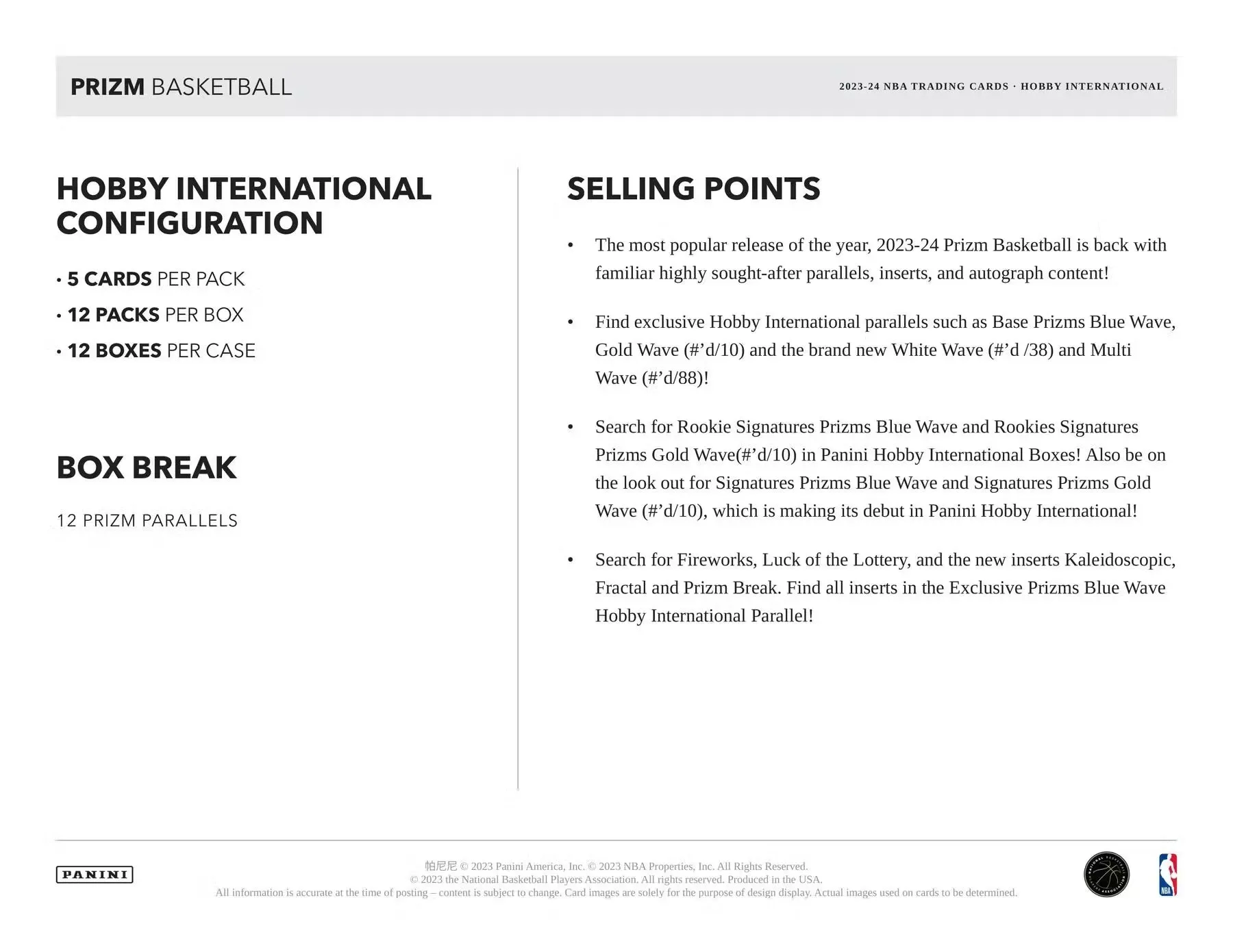 2023-24 Panini Prizm Basketball International Hobby Box