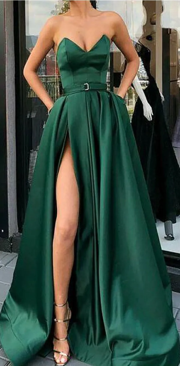 A-Line Best Sale Popular Sweetheart  Split Front Dark Green Long Prom Dresses with Belt Pockets, PD0938