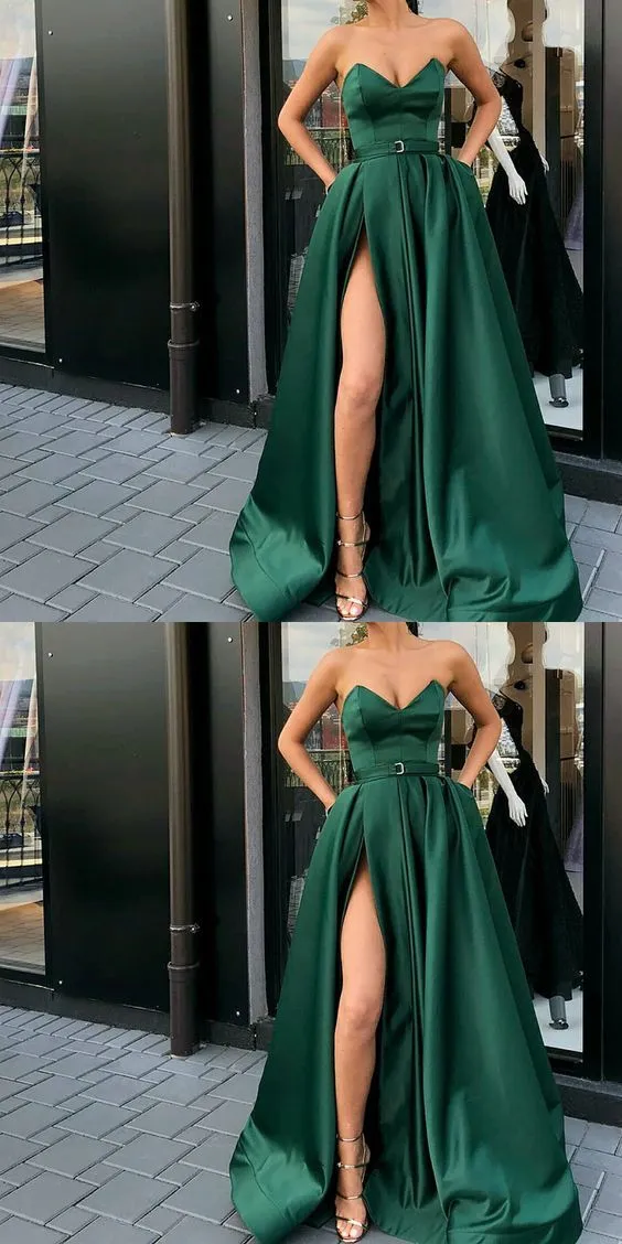 A-Line Best Sale Popular Sweetheart  Split Front Dark Green Long Prom Dresses with Belt Pockets, PD0938