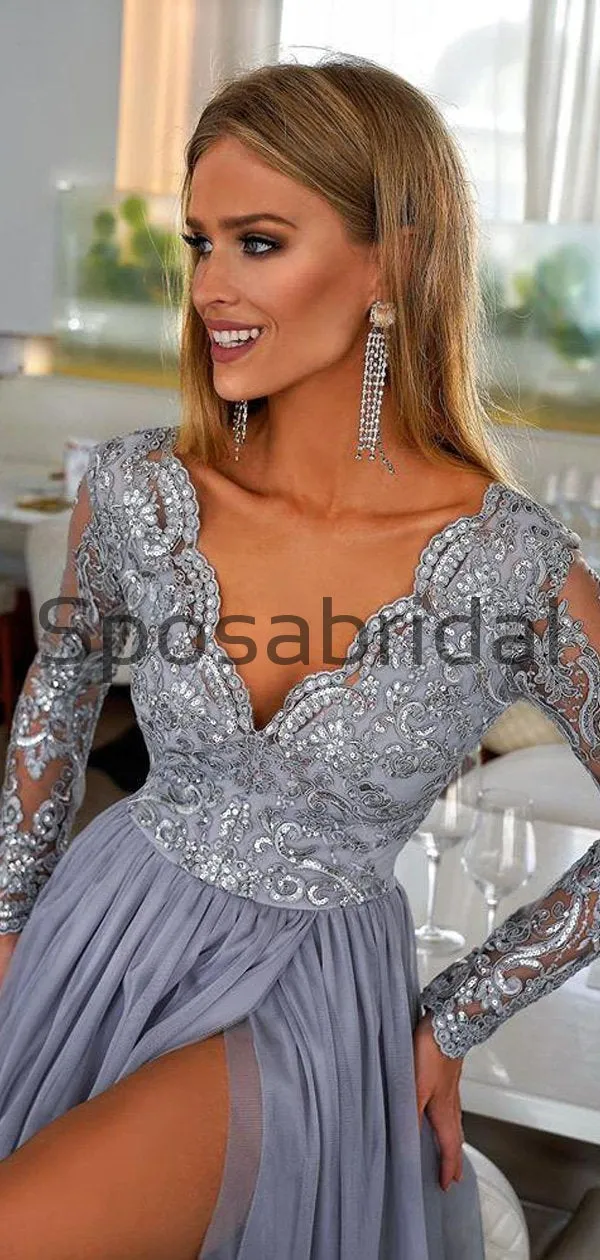 A-line Long Sleeves V-Neck Elegant Popular Long Prom Dresses PD2291