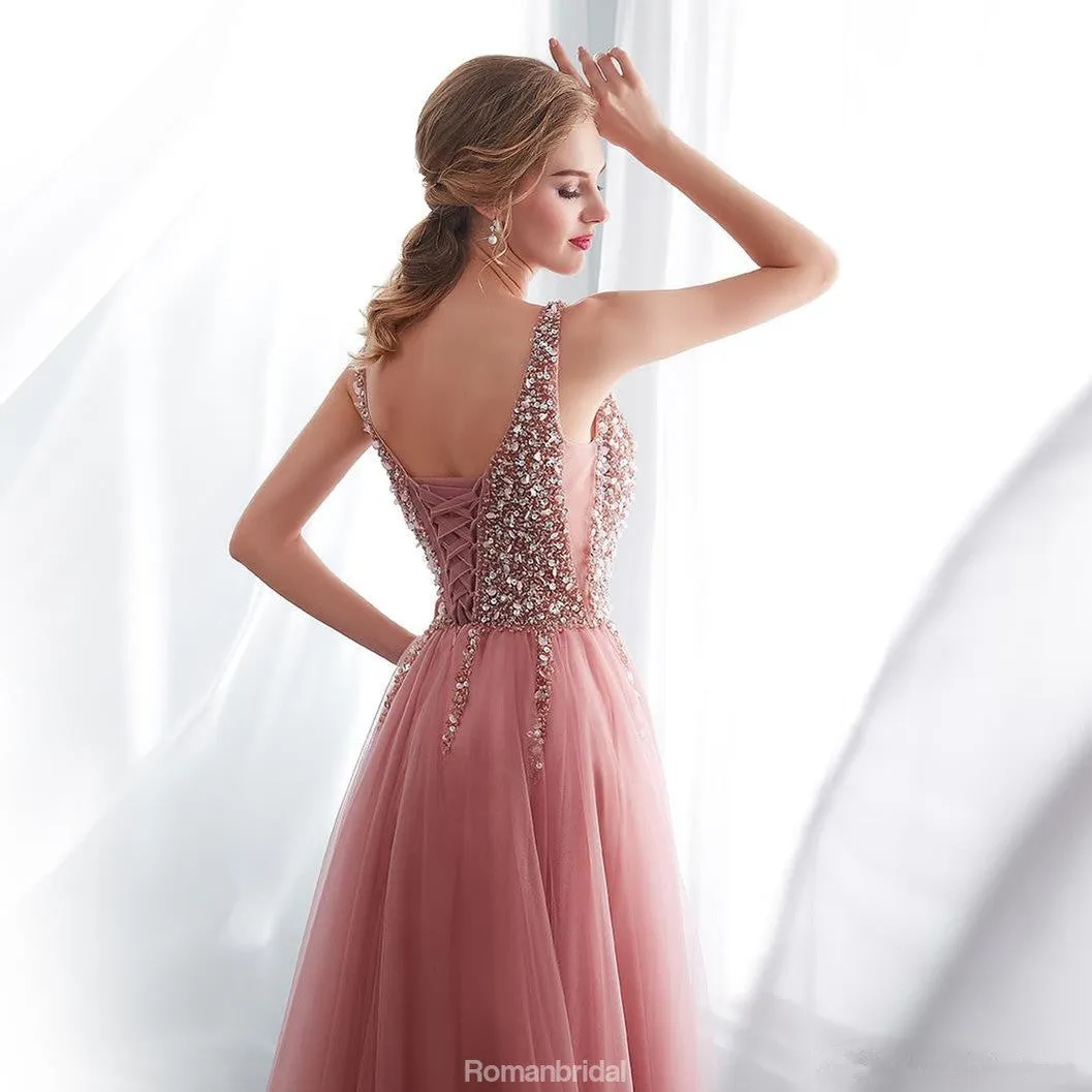 A-line V-neck Lace-up Back Long Tulle Prom Dresses With Split, PD0691