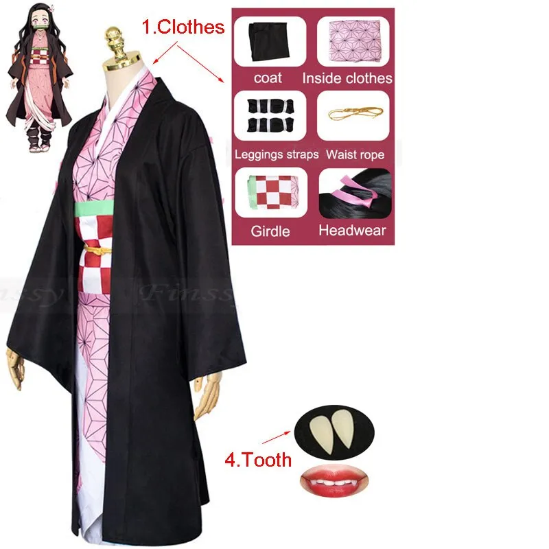 Anime Demon Slayer Kimetsu No Yaiba Kamado Nezuko Cosplay Costume Shoes Wig Tooth Mouth Stick Woman Girl Halloween Clothes