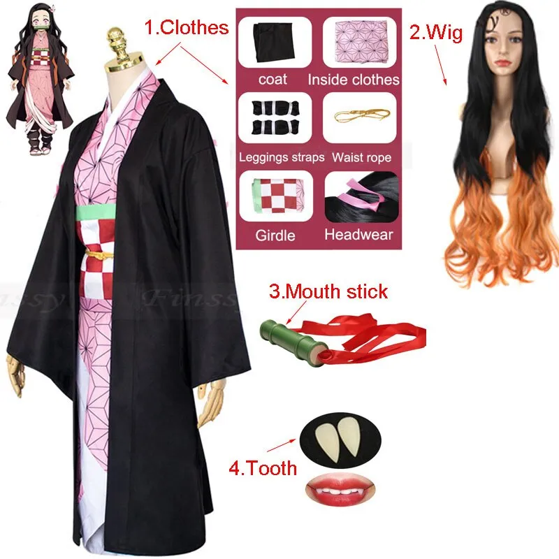Anime Demon Slayer Kimetsu No Yaiba Kamado Nezuko Cosplay Costume Shoes Wig Tooth Mouth Stick Woman Girl Halloween Clothes