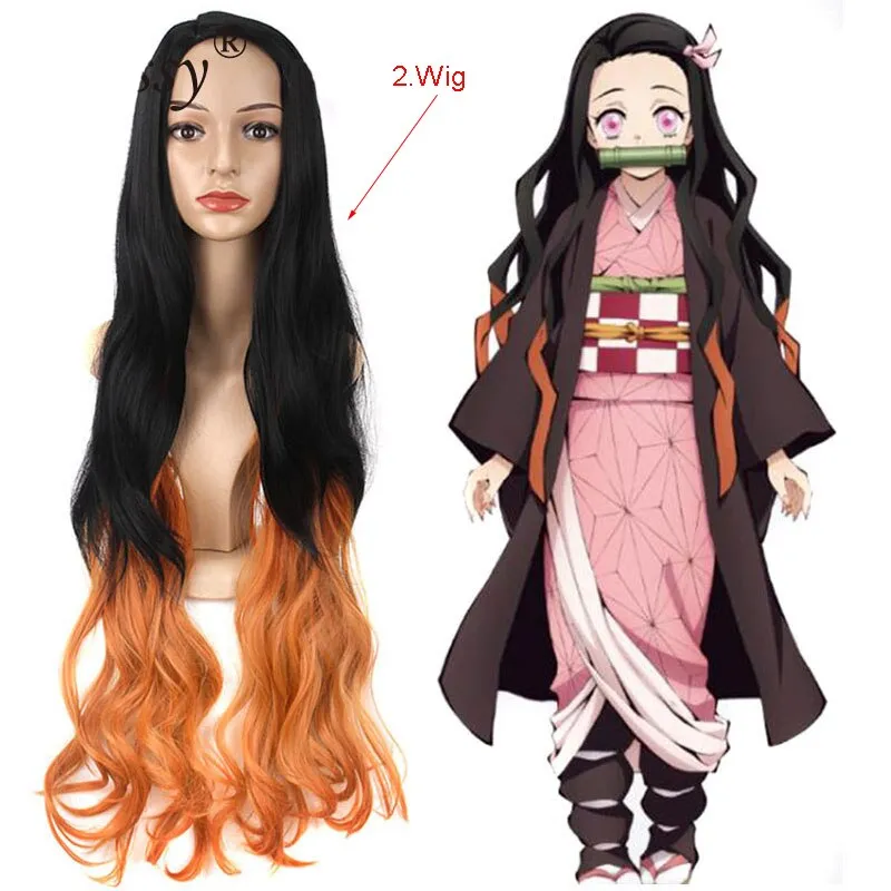 Anime Demon Slayer Kimetsu No Yaiba Kamado Nezuko Cosplay Costume Shoes Wig Tooth Mouth Stick Woman Girl Halloween Clothes