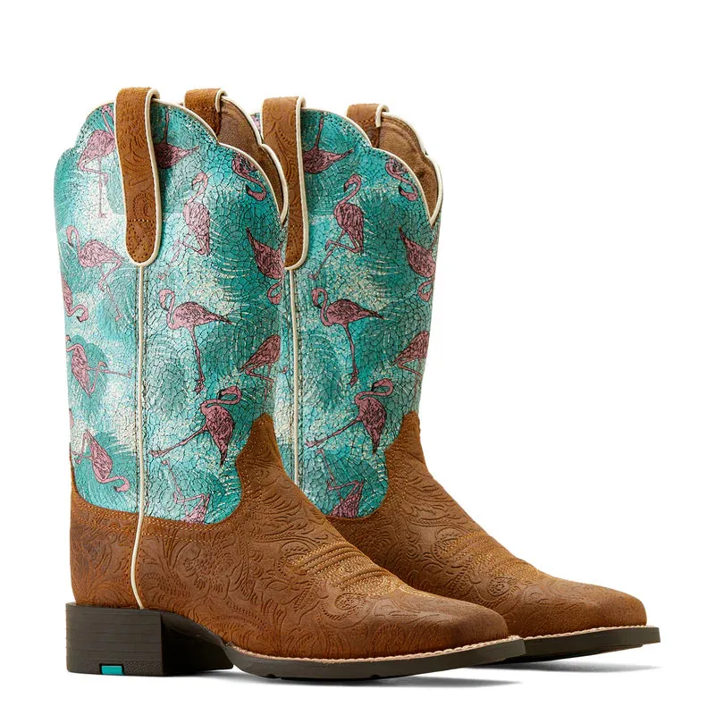 Ariat Ladies Round Up Wide Square Toe Embossed Chestnut Flamingos