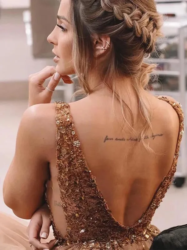 Backless Long A-Line Brown Beaded Sweetheart Tulle Prom Dresses, OL627