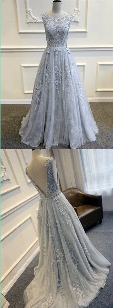 Beautiful V-Back Scoop Neck Appliques Evening Long Lace Prom Dresses, BG51205