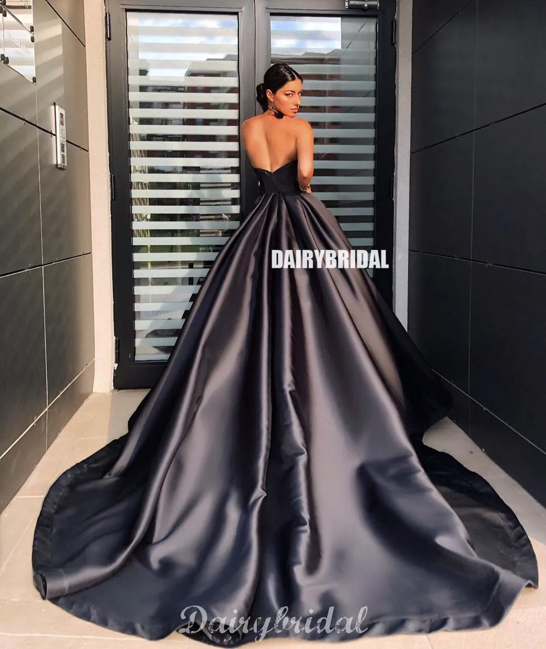 Black Satin Sweetheart A-line Backless Applique Stunning Prom Dresses, FC4197