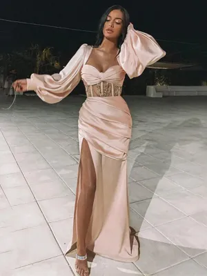 Blush Pink Square-neck Sweetheart Long Sleeves Side-slit Mermaid Long Prom Dress, PD3230