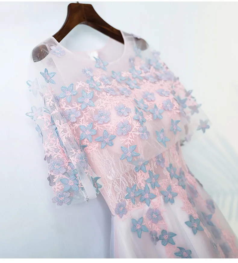 Charming Half Sleeves Tulle Applique Light Pink Cheap Long Prom Dresses, BGP021
