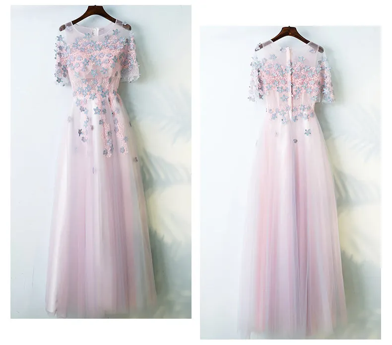 Charming Half Sleeves Tulle Applique Light Pink Cheap Long Prom Dresses, BGP021