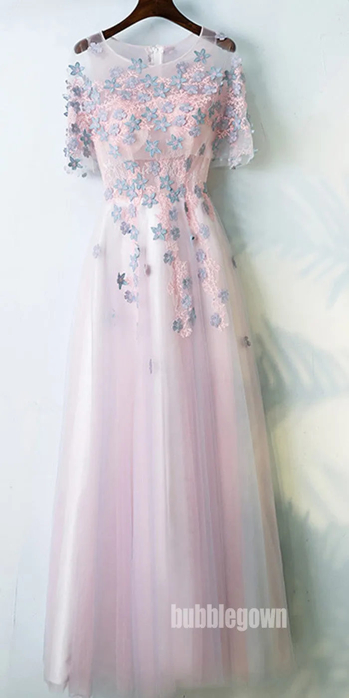 Charming Half Sleeves Tulle Applique Light Pink Cheap Long Prom Dresses, BGP021