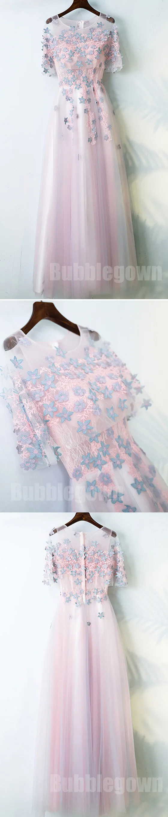 Charming Half Sleeves Tulle Applique Light Pink Cheap Long Prom Dresses, BGP021