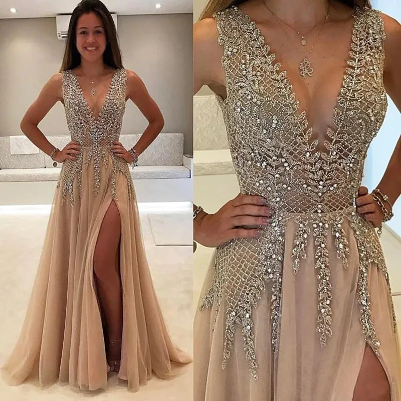 Charming V-neck Sleeveless Side-slit A-line Long Affordable Prom Dresses, PD0600
