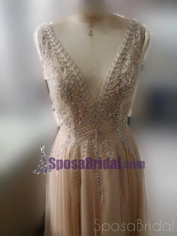 Charming V-neck Sleeveless Side-slit A-line Long Affordable Prom Dresses, PD0600