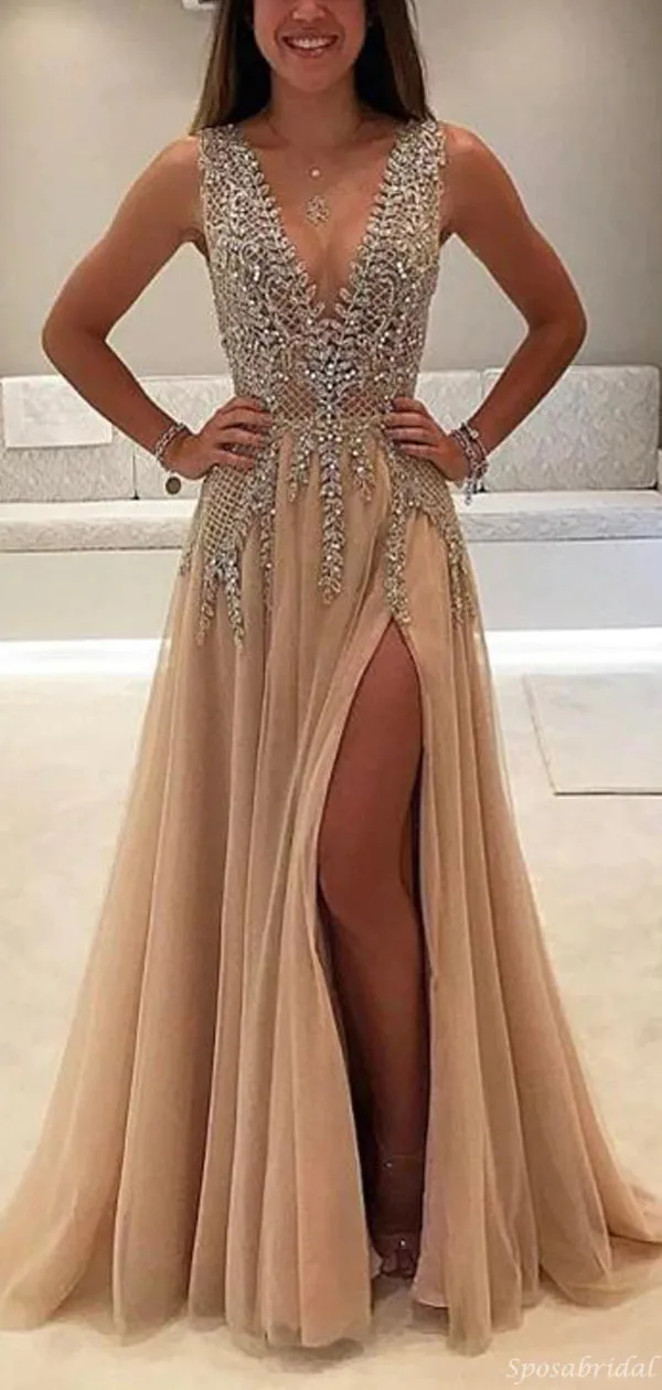 Charming V-neck Sleeveless Side-slit A-line Long Affordable Prom Dresses, PD0600