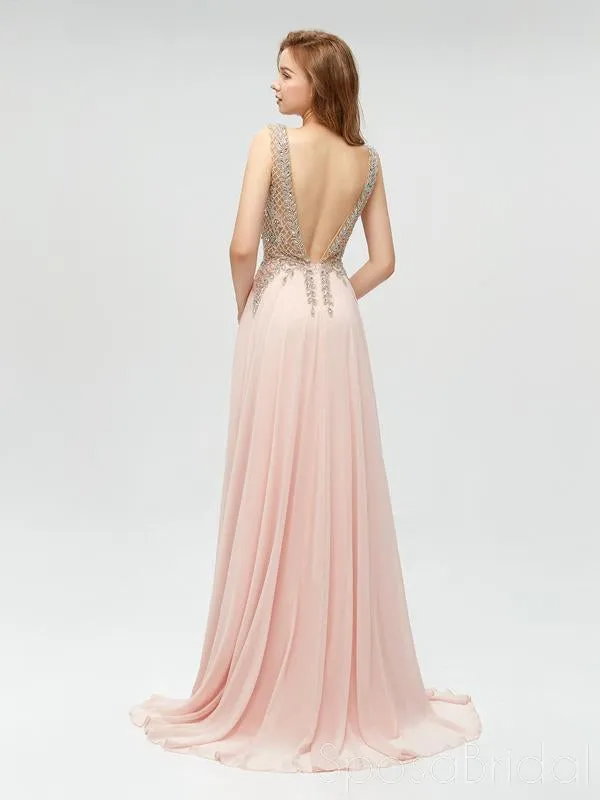 Charming V-neck Sleeveless Side-slit A-line Long Affordable Prom Dresses, PD0600