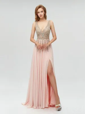 Charming V-neck Sleeveless Side-slit A-line Long Affordable Prom Dresses, PD0600