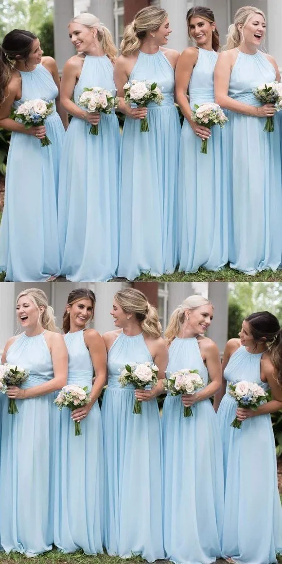 Cheap Chiffon Newest Beach Affordable High Neck Blue Popular Simple Long Bridesmaid Dress, PD0401