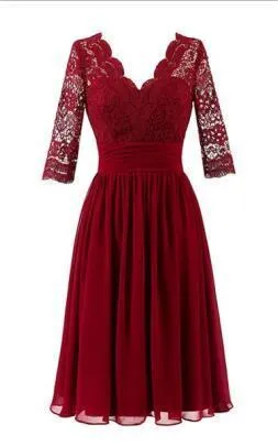 Cheap Short Chiffon Lace top Long Sleeves Custom Most Popular A-line V -Back Bridesmaid Dress , WG256