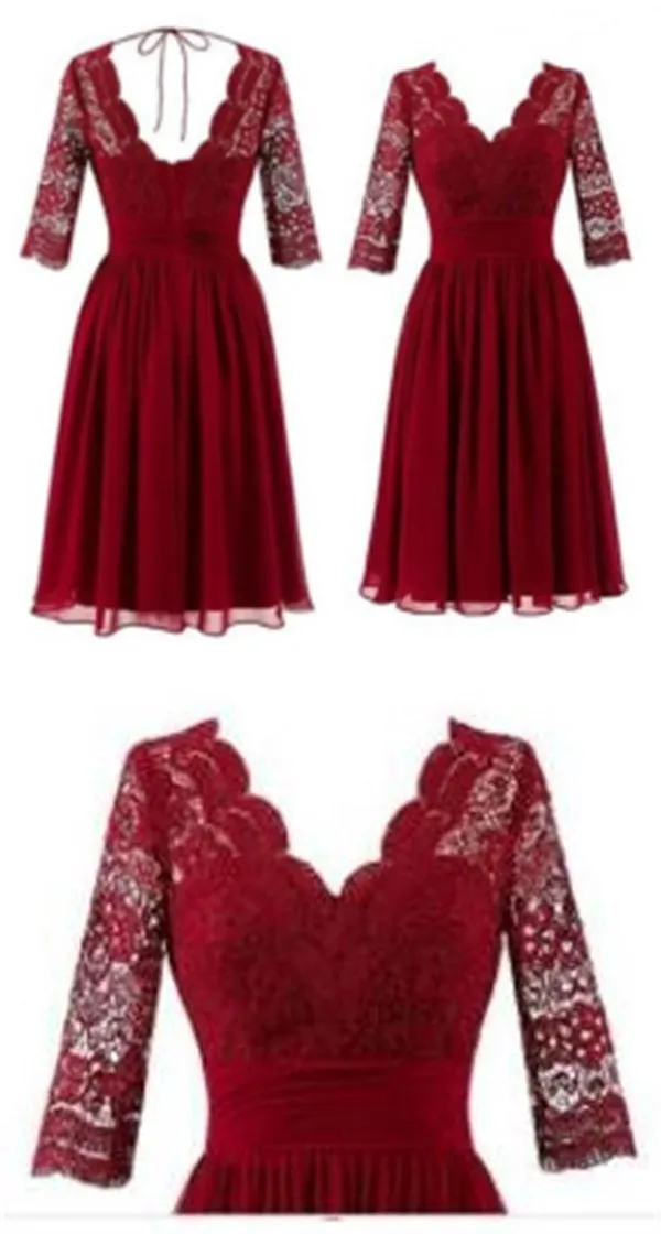 Cheap Short Chiffon Lace top Long Sleeves Custom Most Popular A-line V -Back Bridesmaid Dress , WG256