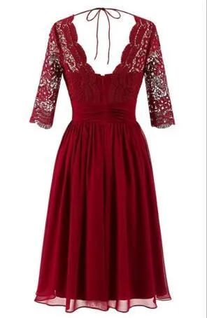 Cheap Short Chiffon Lace top Long Sleeves Custom Most Popular A-line V -Back Bridesmaid Dress , WG256
