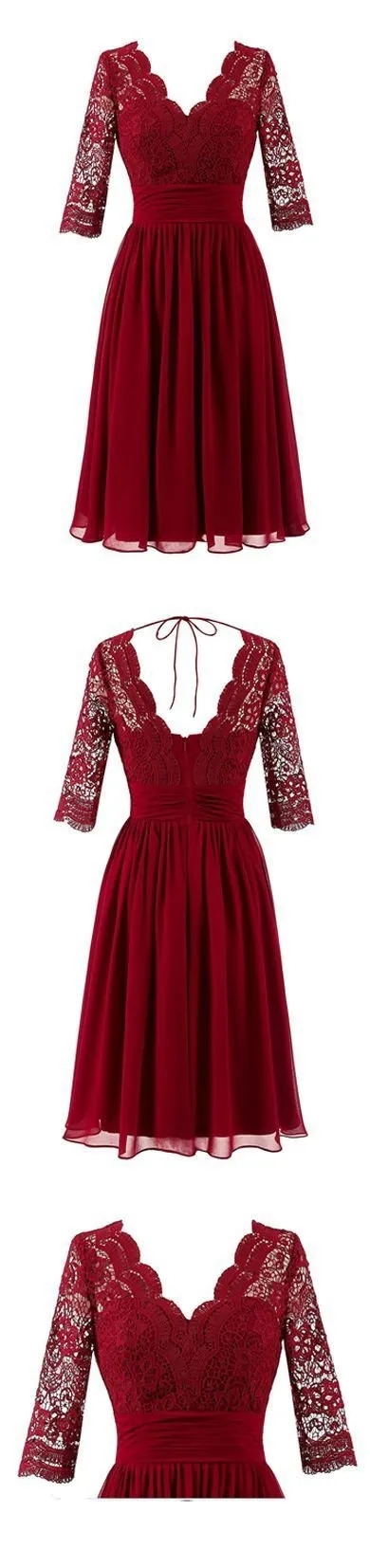 Cheap Short Chiffon Lace top Long Sleeves Custom Most Popular A-line V -Back Bridesmaid Dress , WG256