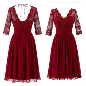 Cheap Short Chiffon Lace top Long Sleeves Custom Most Popular A-line V -Back Bridesmaid Dress , WG256