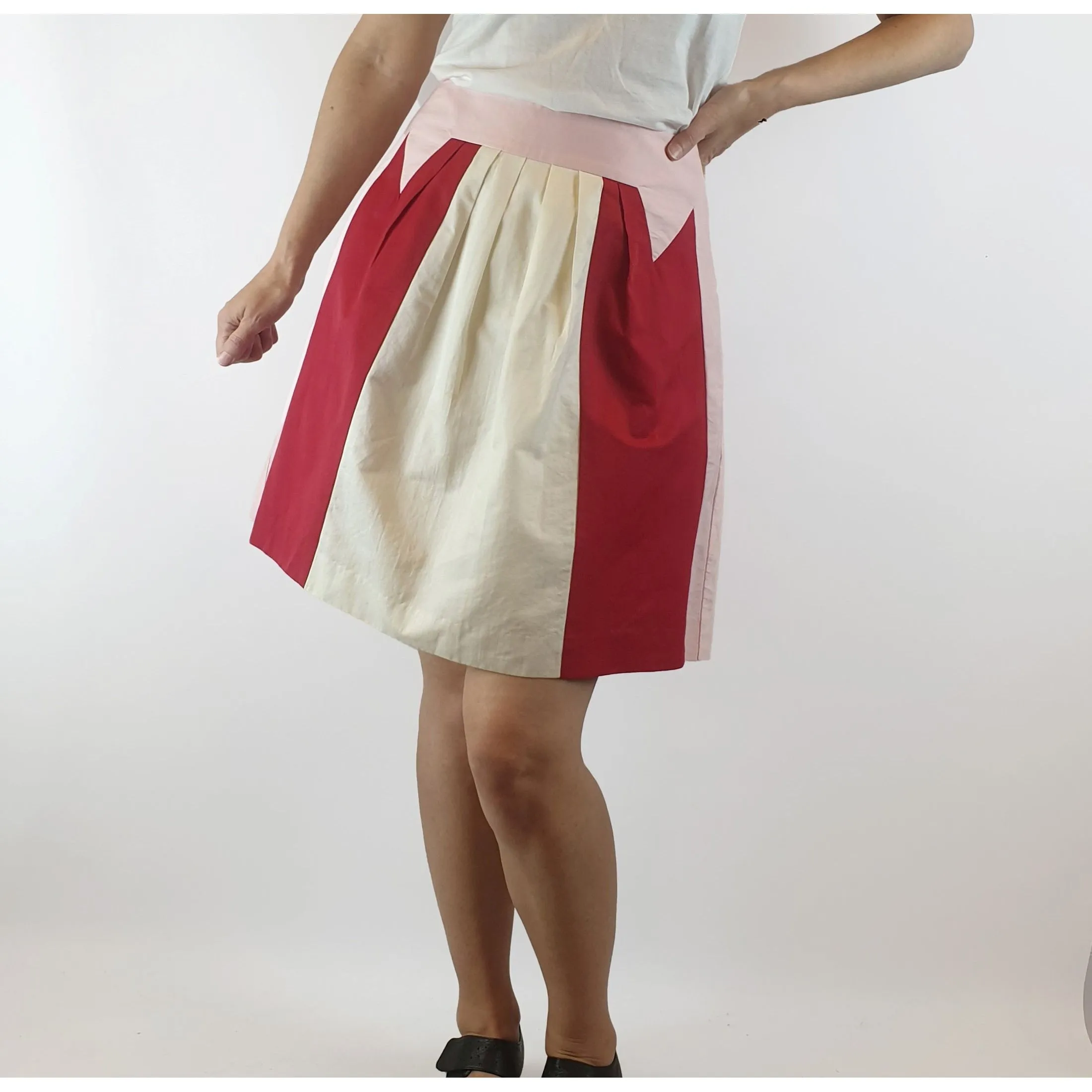 Cue pink, red and white panelled skirt size 8
