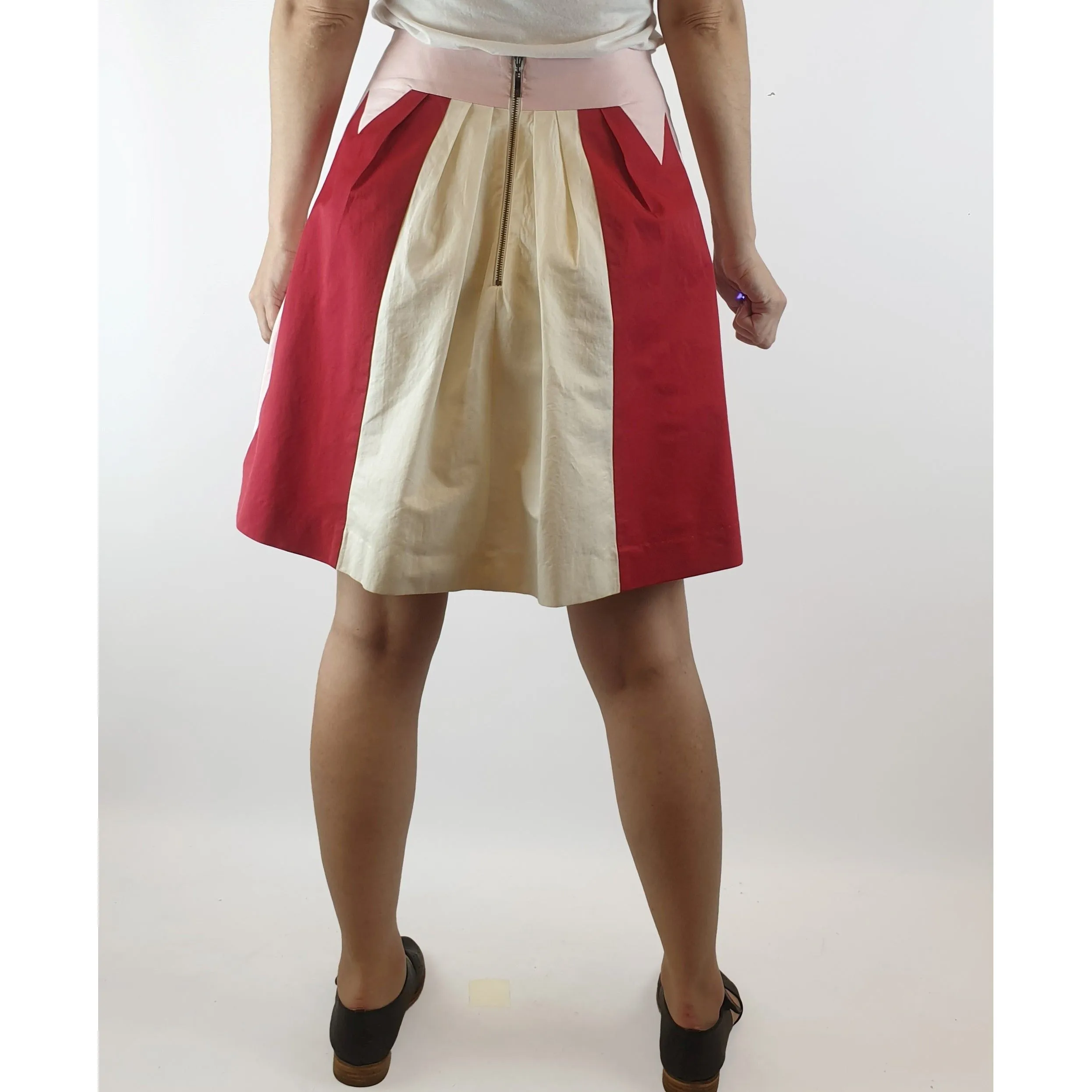 Cue pink, red and white panelled skirt size 8