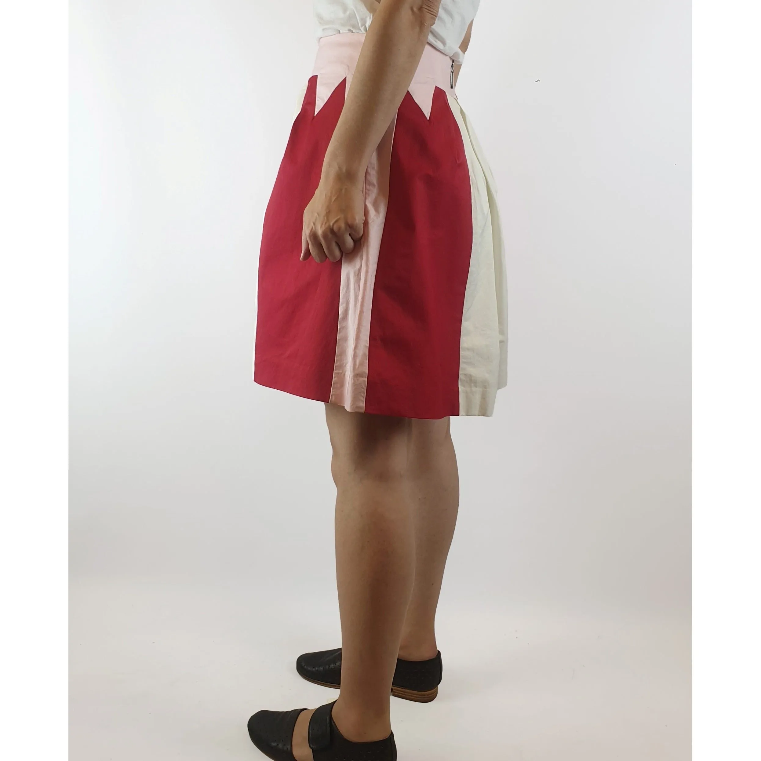 Cue pink, red and white panelled skirt size 8