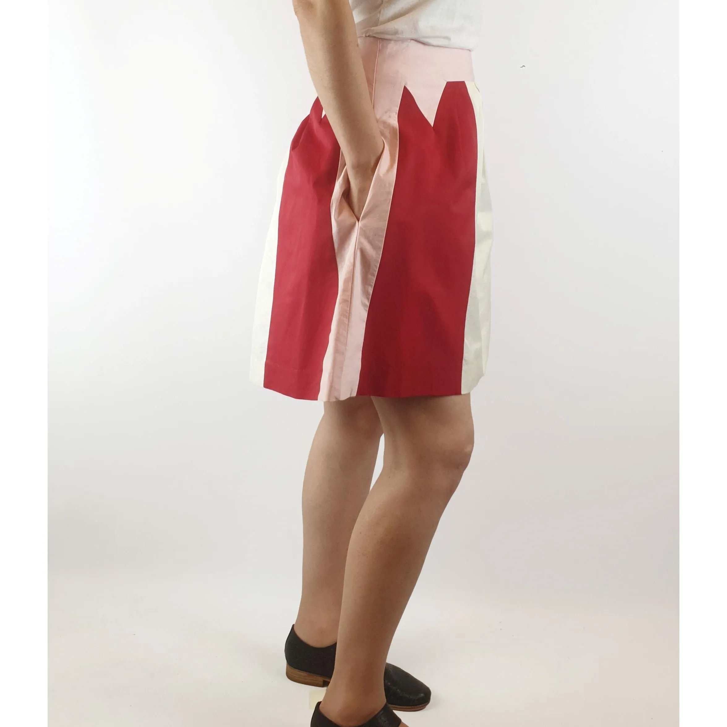 Cue pink, red and white panelled skirt size 8