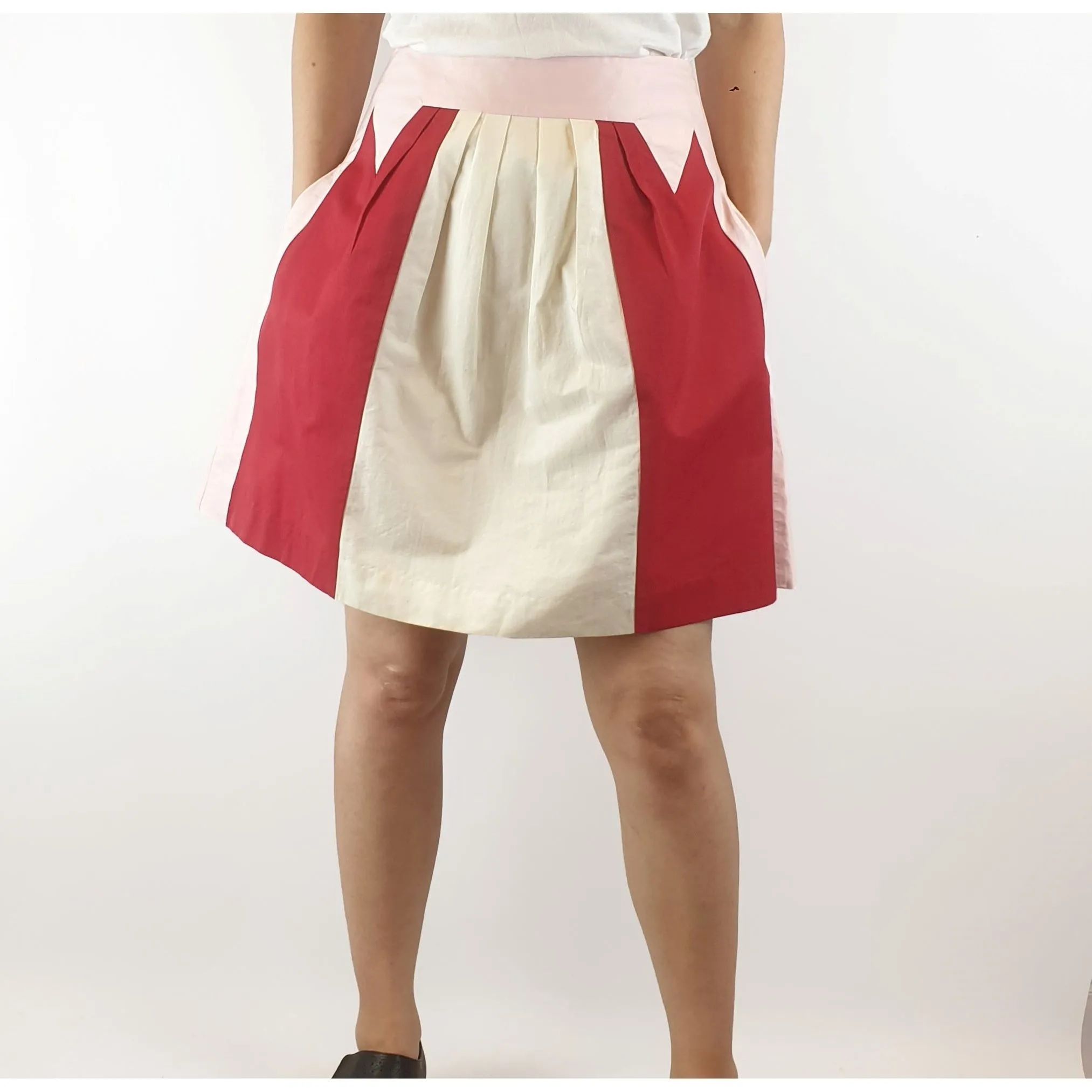 Cue pink, red and white panelled skirt size 8