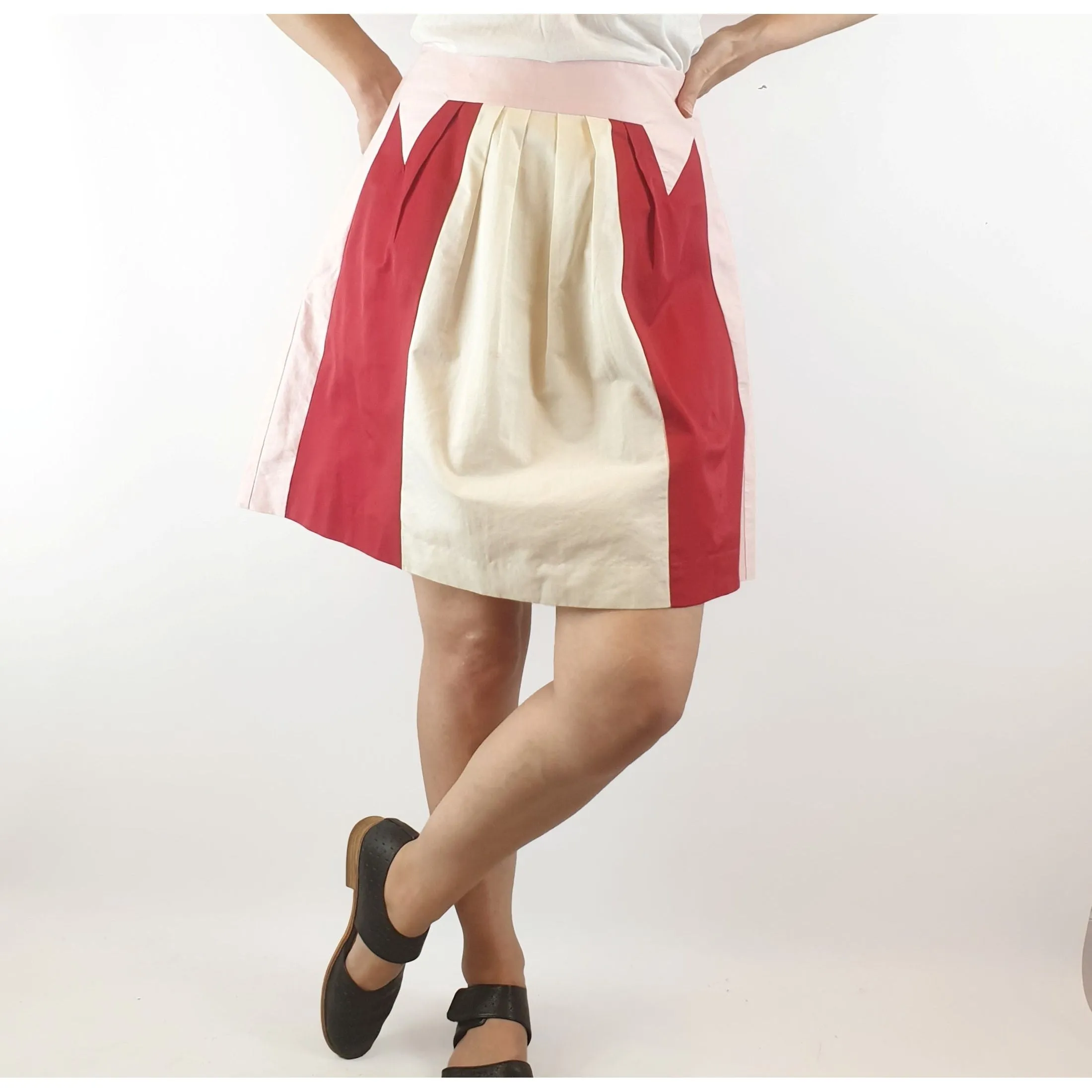 Cue pink, red and white panelled skirt size 8