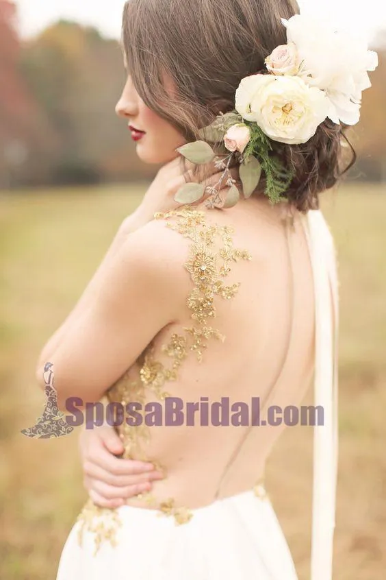 Custom Long Gold Stunning Chiffon Soft  Side Split Pretty Wedding dresses, Bridals Dress, PD0614