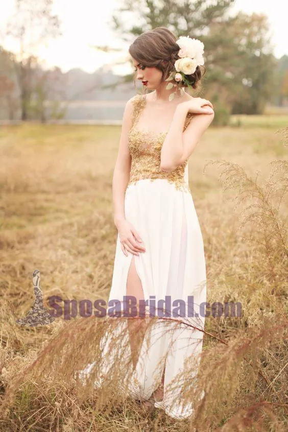 Custom Long Gold Stunning Chiffon Soft  Side Split Pretty Wedding dresses, Bridals Dress, PD0614