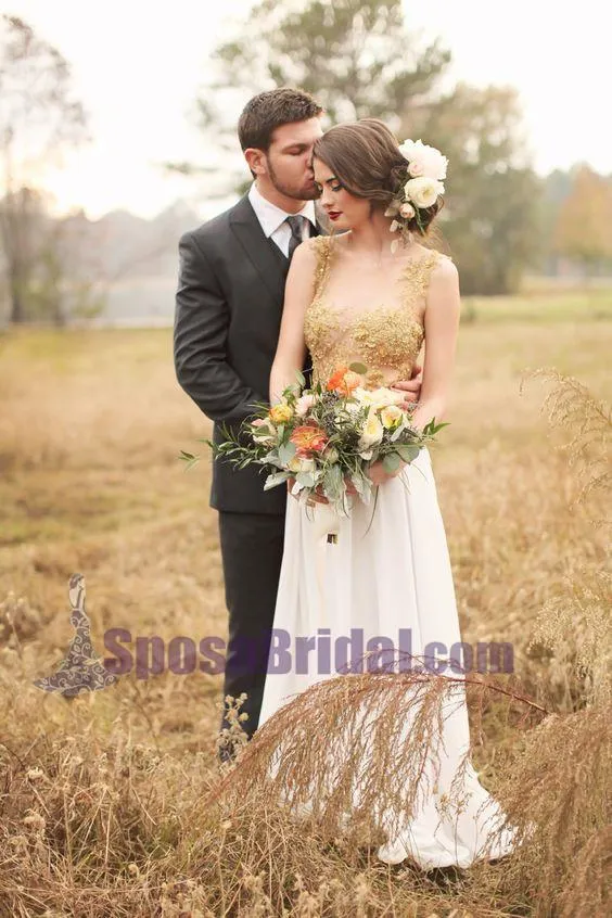 Custom Long Gold Stunning Chiffon Soft  Side Split Pretty Wedding dresses, Bridals Dress, PD0614