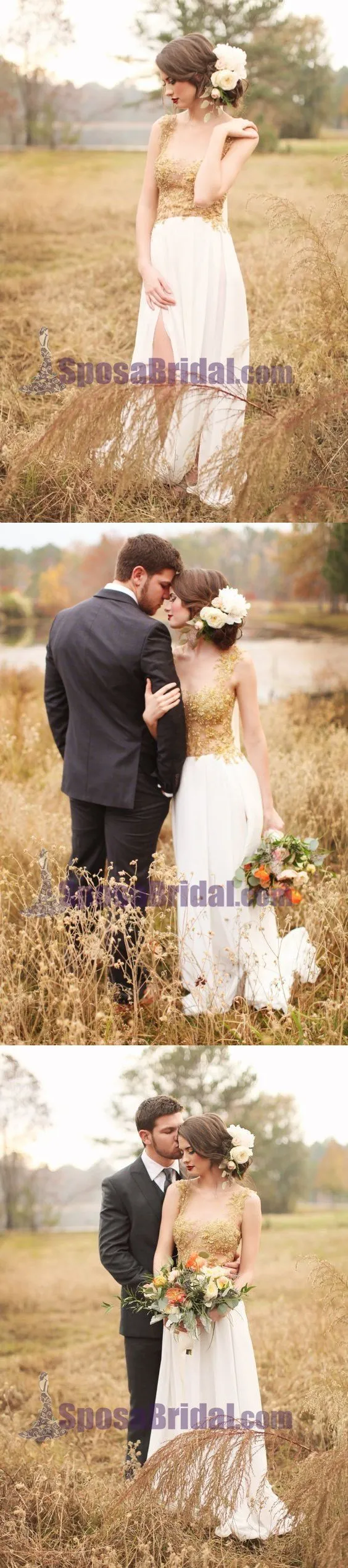 Custom Long Gold Stunning Chiffon Soft  Side Split Pretty Wedding dresses, Bridals Dress, PD0614