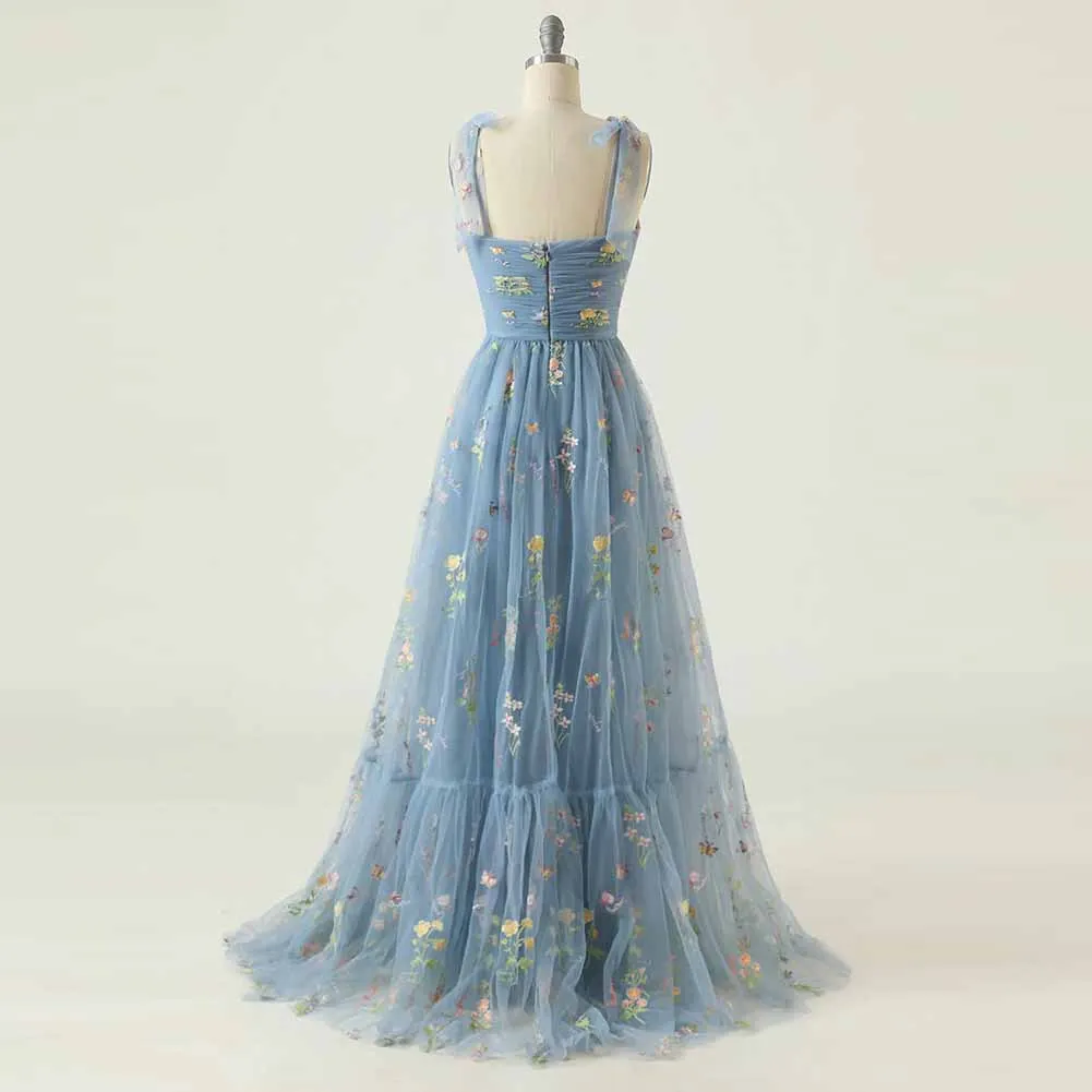 Cute A Line Spaghetti Straps Dusty Blue Prom Dress with Embroidery