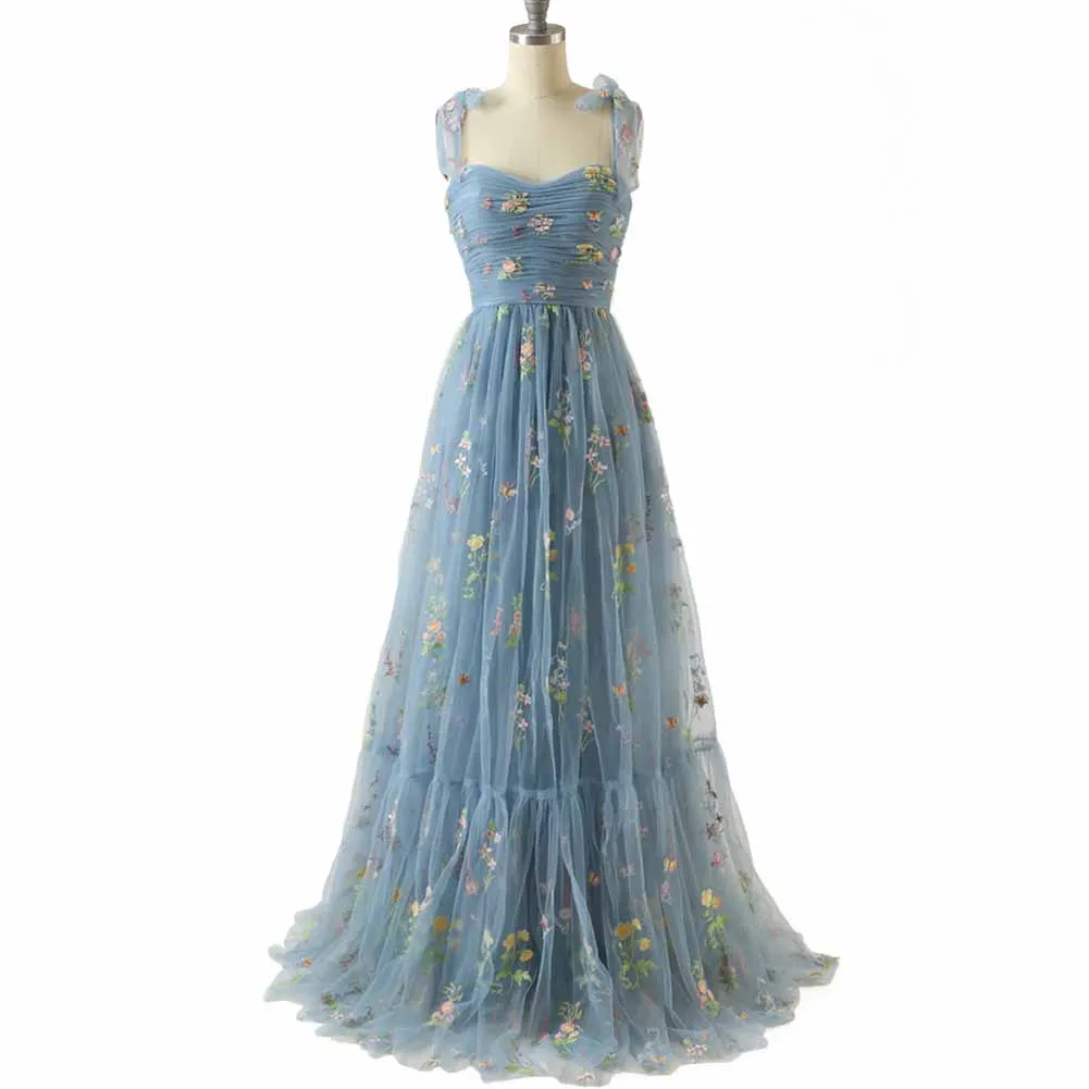 Cute A Line Spaghetti Straps Dusty Blue Prom Dress with Embroidery