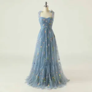 Cute A Line Spaghetti Straps Dusty Blue Prom Dress with Embroidery
