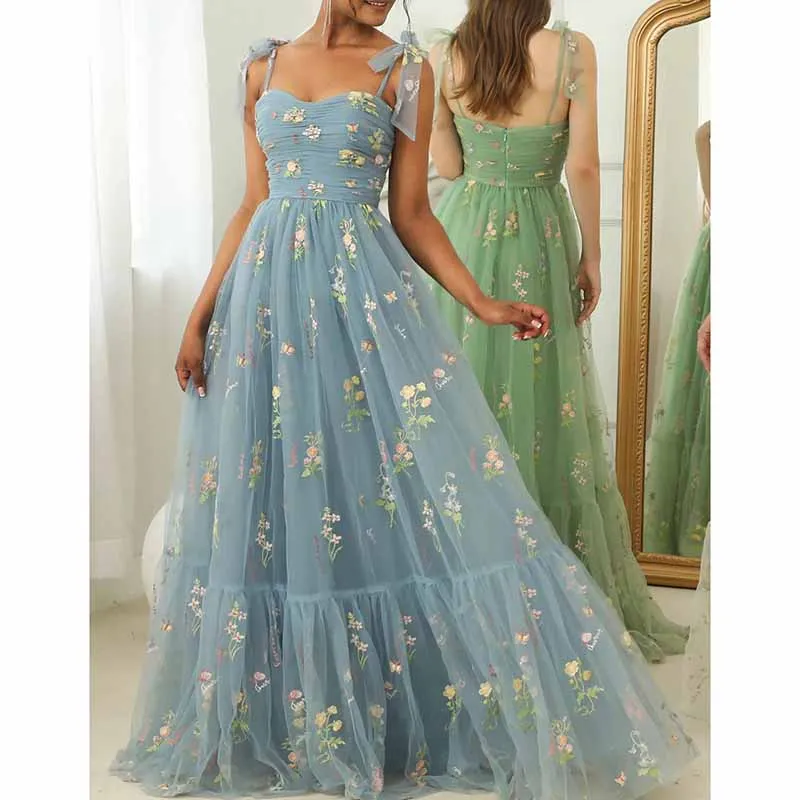 Cute A Line Spaghetti Straps Sage green Prom Dress with Embroidery