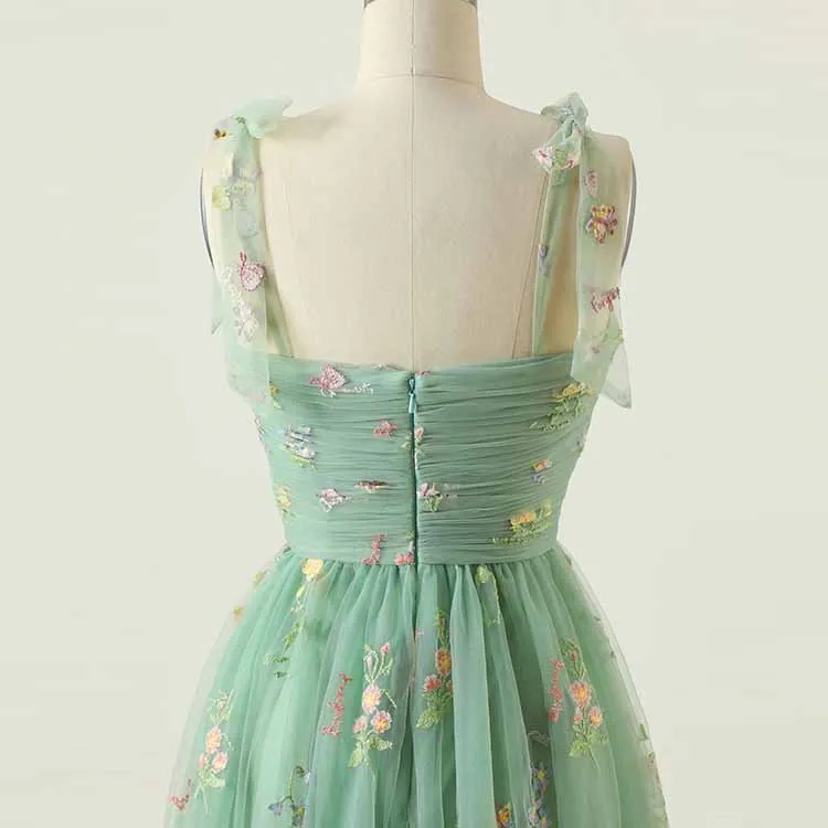 Cute A Line Spaghetti Straps Sage green Prom Dress with Embroidery