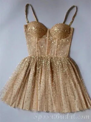 Cute Sparkly Gold Pink Beaded Sweetheart A-line Homecoming Dresses, BD0412