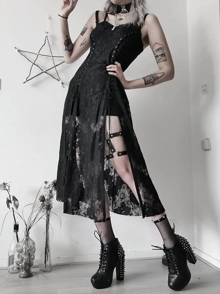 Dark Split Gothic Lace Bandage Midi Dress