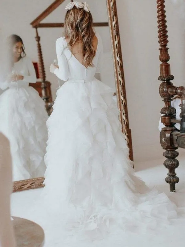 Elegant Full Neck Long Sleeves Open Back Ruffle Long Train Wedding Dress, WD3049