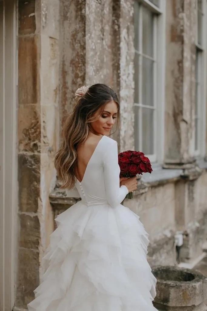 Elegant Full Neck Long Sleeves Open Back Ruffle Long Train Wedding Dress, WD3049