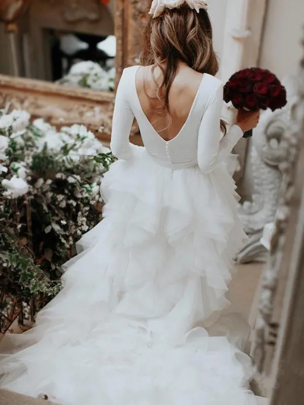 Elegant Full Neck Long Sleeves Open Back Ruffle Long Train Wedding Dress, WD3049