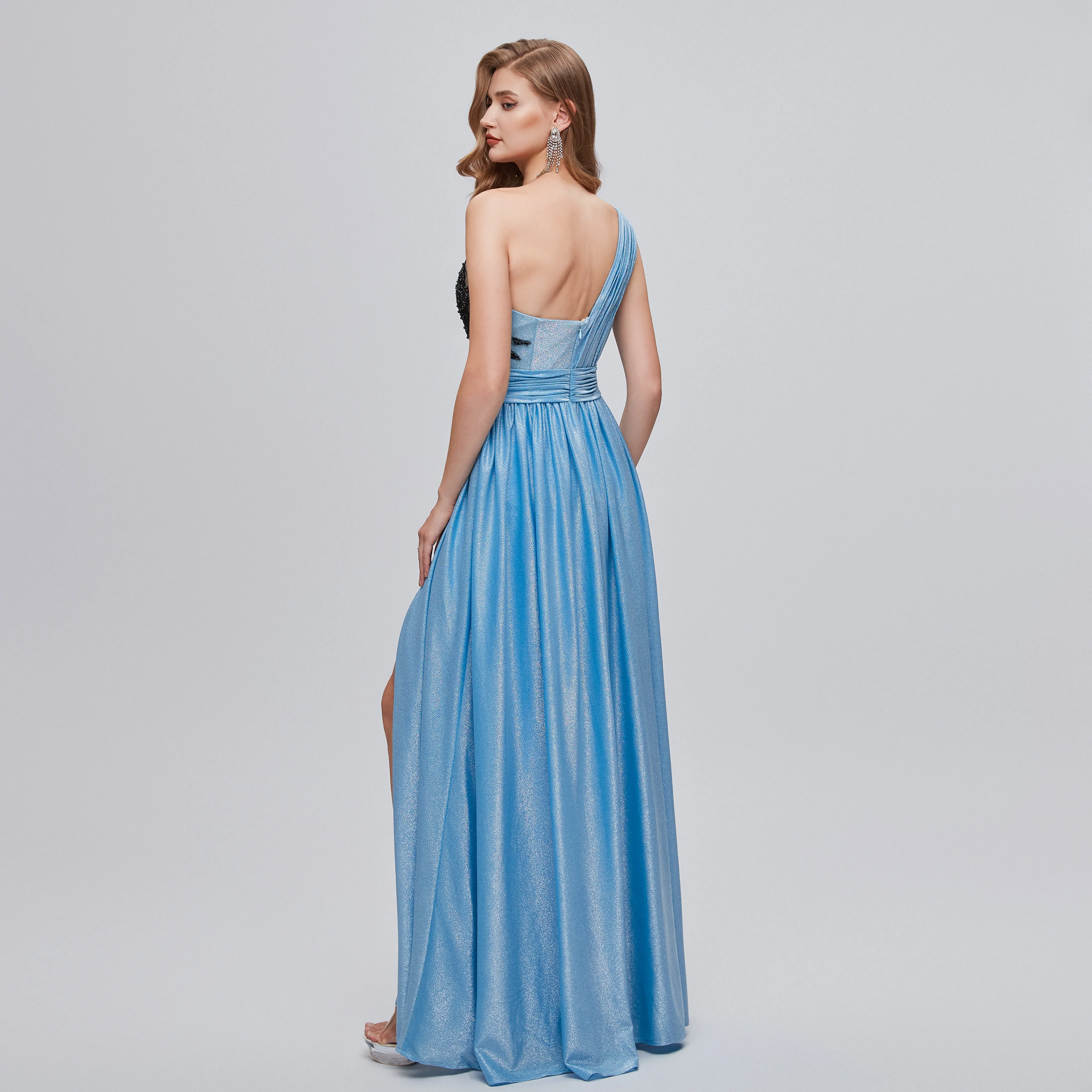 Elegant One Shoulder Black Lace Long Prom Dress with Side Split, WGP191