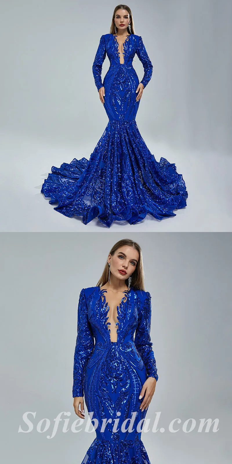 Elegant Royal Blue Special Fabric Long Sleeve V-Neck Mermaid Long Prom Dresses,SFPD0342